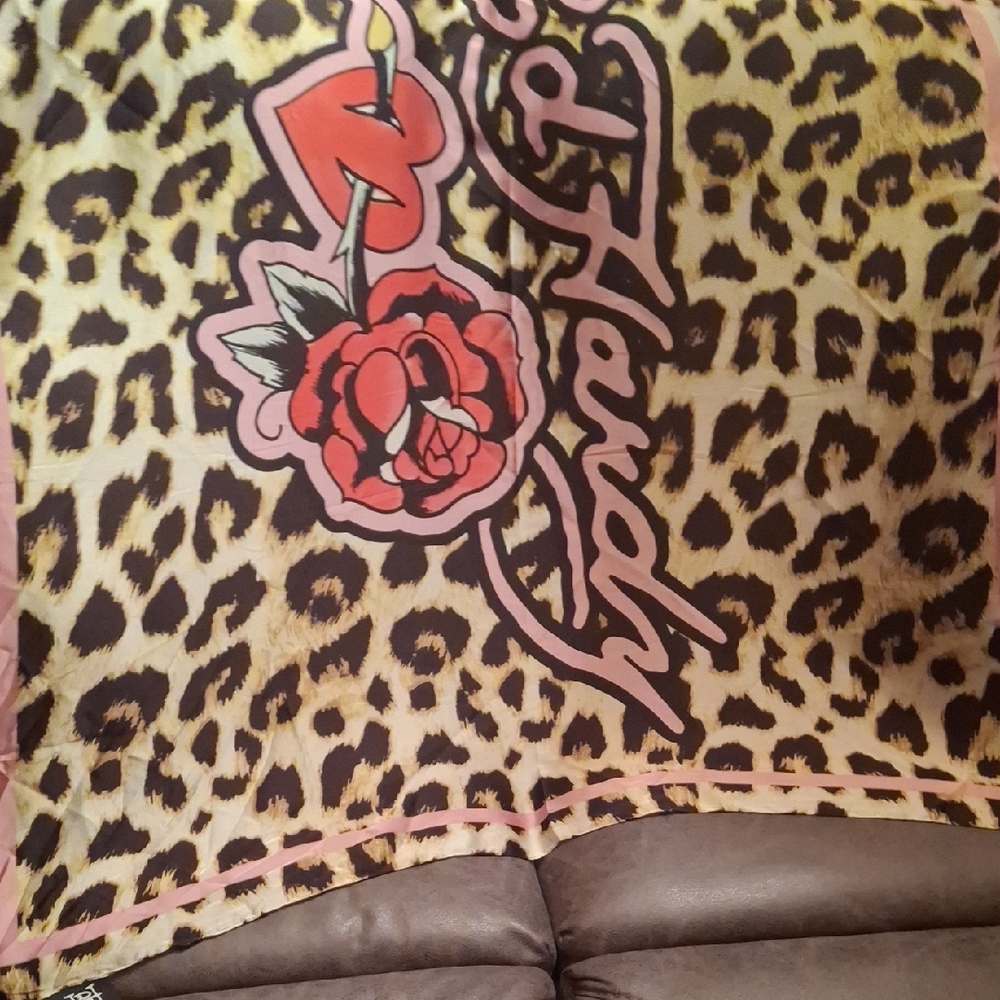 Ed Hardy Leopard Print Scarf with Rose Graphic in Yellow, Black, Pink, Red